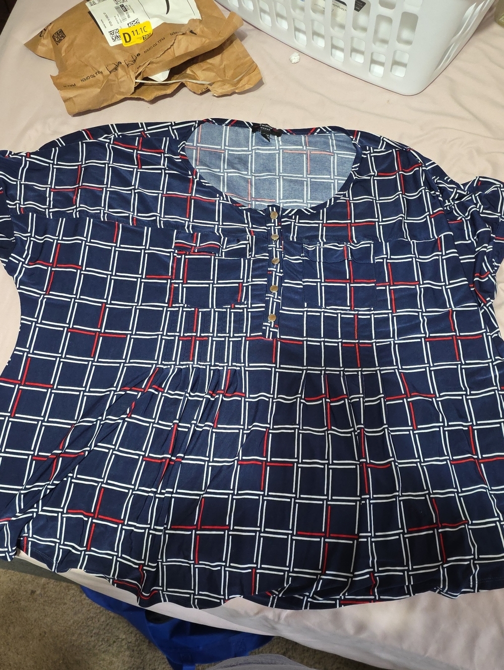 Cocomo Navy Plaid Button-Down Tunic with Red & White Grid